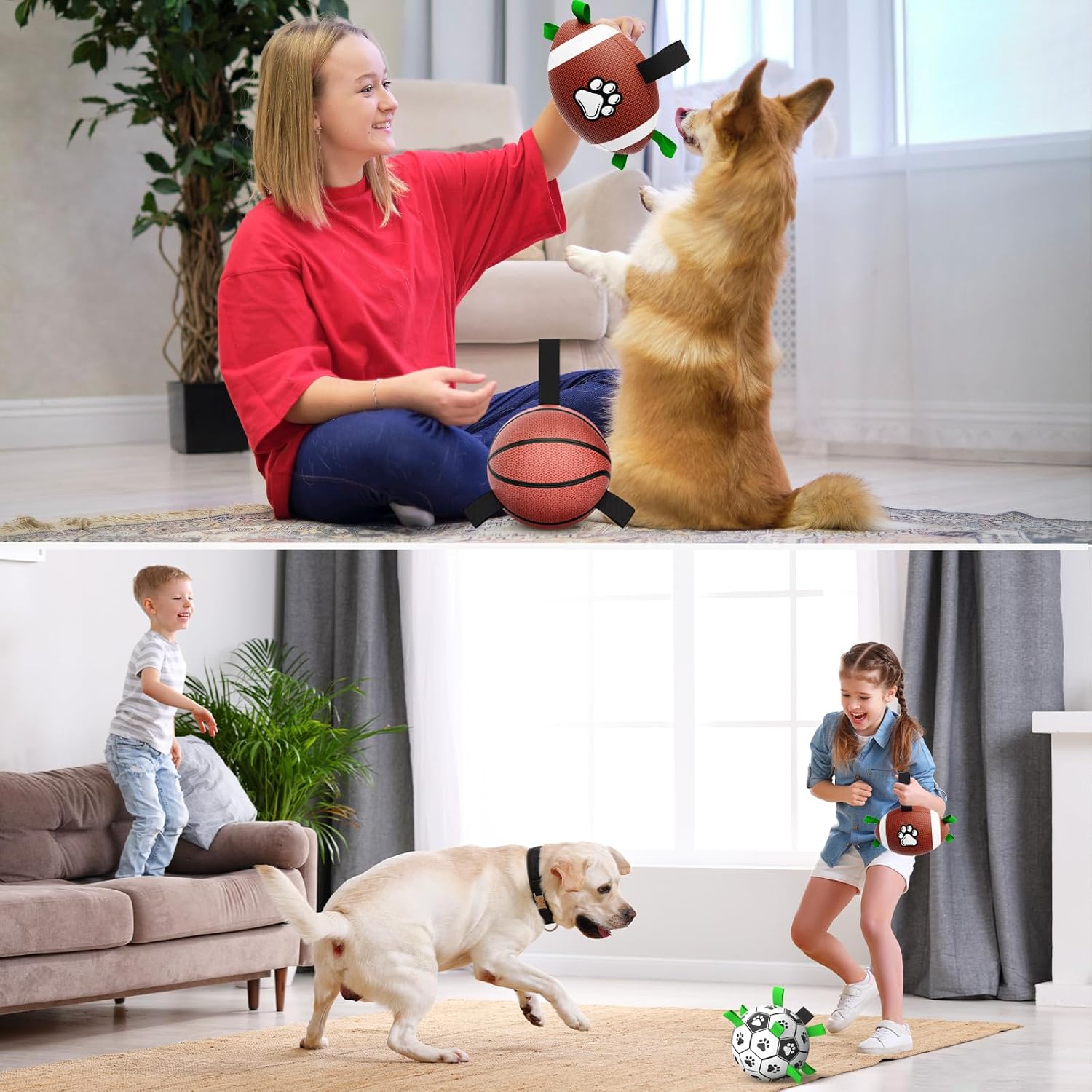 QDAN Dog Soccer Ball Football Basketball Set - 3 PCS Dog Balls with Strap for Tug of War, Soccer Ball Football Toys for Small Medium Large Dogs, Herding Ball for Dogs, Dog Birthday Toy