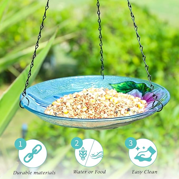 VCUTEKA Glass Hanging Bird Bath for Outdoors, BirdBaths with 21-Inch Rust-Proof Chain, Garden Yard Decor, Hummingbird Pattern