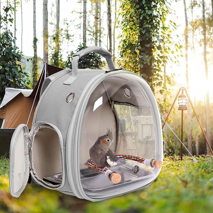 Small Bird Travel Backpack Carrier Cage, Backpack to Transport Backpack Carrier with Metal Tray Stand Perch for Parakeet Cockatiel Budgies Vet Carry Book Bag Grey