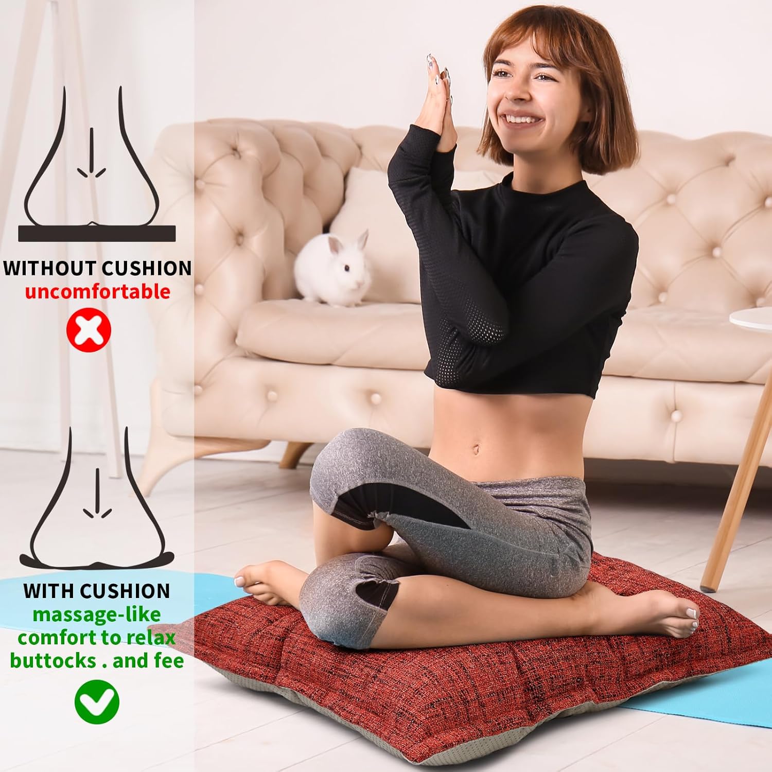 SINSOSSO Large Floor Pillows 22", Thickened Bite-Size Memory Foam Square Non-Slip Cushions for Office Back Support/Yoga/Chair Seat, Fashionable Color-Blocked Fabric & Washable, Red, 2 PCS