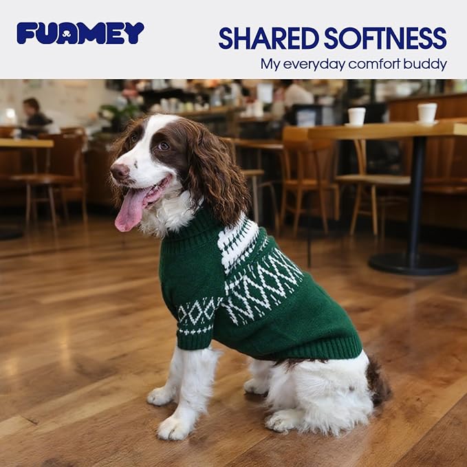 FUAMEY Stetchy Dog Sweaters Extra Small, Cute Cozy Puppy Sweater with Leash Hole, Thermal Pullover Clothes for Dogs Winter Fall, Soft Turtleneck Pet Printed Outfits Cold Weather (Green, XS)