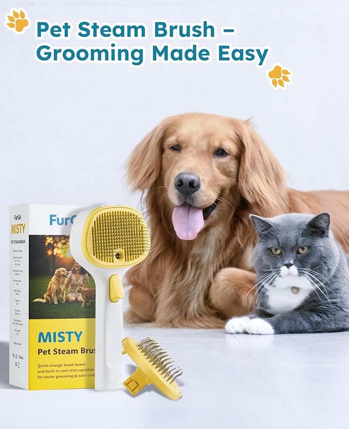 FURGO 3-in-1 Pet Steam Brush for Dogs & Cats – Reduces Static, Long-Pin Head for Long Hair, One-Click Release Button, Dog Spray Brush for Shedding Control (Long)