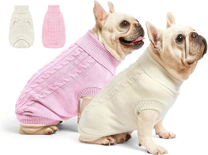 2 Pack Dog Sweaters for Small Dogs - Puppy Medium Warm Clothes in Winter, Turtleneck Pullover Design for Boy Girl Pet, Doggie, Cat, Kitten Chihuahua Bulldog Pug Beagles (S, Pink, Beige)