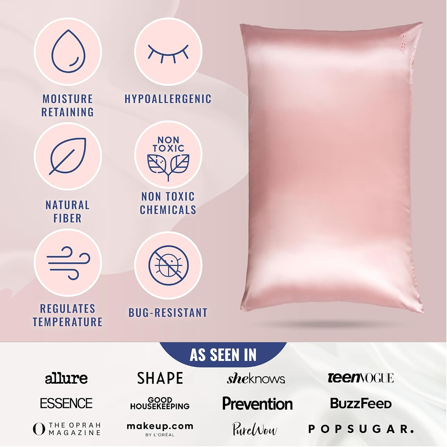 Blissy Silk Pillowcase - 100% Pure Mulberry Silk - 22 Momme 6A High-Grade Fibers - Silk Pillow Cover for Hair & Skin - Regular, Queen & King (Pink, Standard)