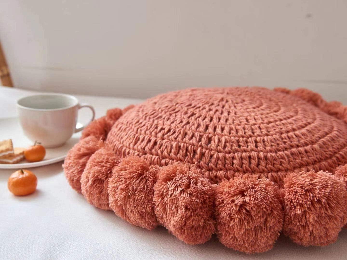Boho Round Throw Pillow with Pom Poms Fringe Tassels, Bohemian Cute Decorative Circular Pillow with Knitted Texture for Sofa Chair, Acrylic Diameter 18 inches, Orange