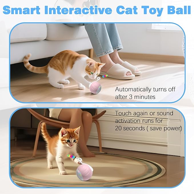 Cat Toys Interactive for Indoor Cats, Touch & Sound Smart Control - Fast Slow 2 Speed Motion Activated Cat Ball Toy for Bored Cats with LED Lights, Feathers Tail, USB Charging Cable, 6in1