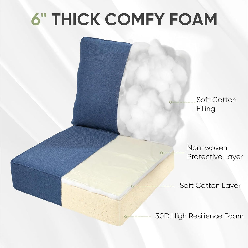 Outdoor Chair Cushion, 6 inch Thick Outdoor Cushions for Patio Furniture, 22x24 Waterproof Patio Chair Cushions, Include 1 Seat Cushion & 1 Back Pillow, Thick/Blue