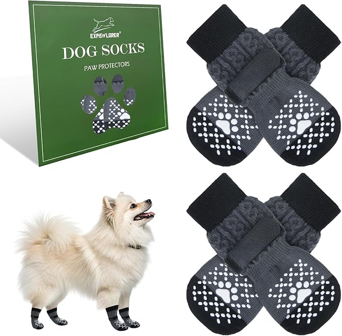 EXPAWLORER Dog Socks for Hot Pavement to Prevent Licking Paws, Non Slip Doggie Grippy Booties Shoes for Hardwood Floors, Boots & Paw Protectors for Small Medium Large Senior Dogs Twists Grey S