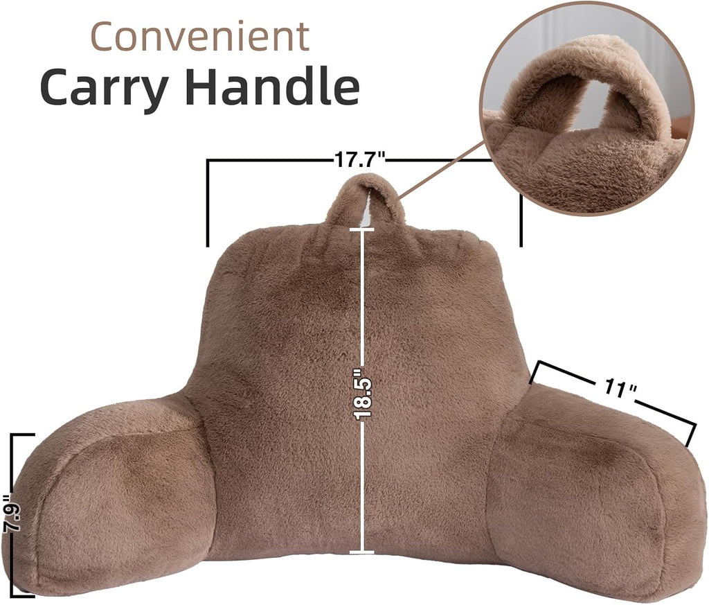 A Nice Night Faux Fur Soft Reading Pillow Bed Wedge Adult Backrest with Arms Back Support for Sitting Up in Bed/Couch for Bedrest,Khaki,Large