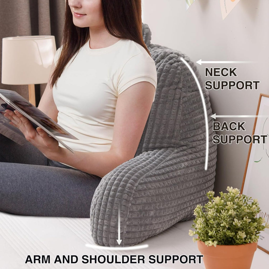 A Nice Night Reading Pillow Bed Wedge Large Adult Children Backrest with Arms Back Support for Sitting Up in Bed/Couch for Lounging Bedrest,Waffle Stereoscopic Design,Grey