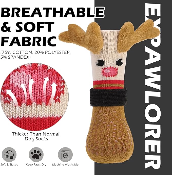 EXPAWLORER Christmas Anti Slip Dog Socks to Prevent Licking Paws, Boots & Paw Protectors with Grippers,Doggie Booties for Hardwood Floors for Small Medium Large Senior Dogs Lifelike Costume Reindeer L