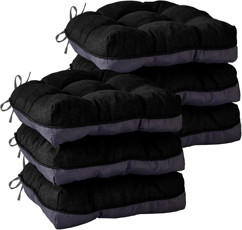 Chair Cushions for Dining Chairs, Seat Cushions for Kitchen Chairs, Indoor Seat Cushions with Ties, Tufted Foam Chair Pads, Non Slip Chair Cushions Set of 6, 15.5" x 15.5" x 4", Black