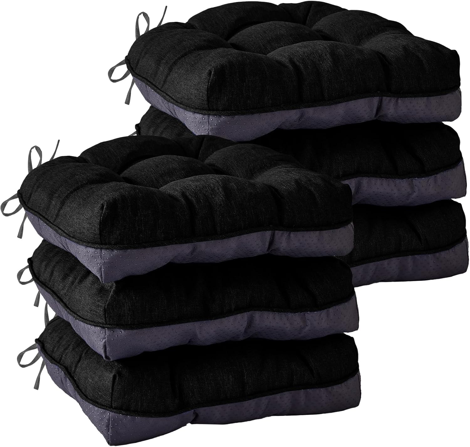 Chair Cushions for Dining Chairs, Seat Cushions for Kitchen Chairs, Indoor Seat Cushions with Ties, Tufted Foam Chair Pads, Non Slip Chair Cushions Set of 6, 15.5" x 15.5" x 4", Black