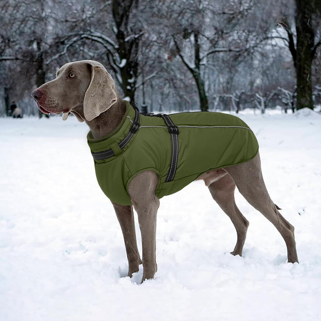 Lelepet Dog Coat with Harness Built in, Waterproof Dog Jacket for Large Dogs Reflective Winter Jacket with Zip Warm Cold Weather Coats for Dogs,Turtleneck Snowsuit, Great Dane, Army Green, XXXL
