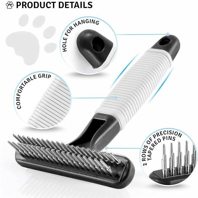 POODLIE Poodle Pet Dog Grooming Rake | Dematting Tool with Stainless Steel Shedding Comb for Pets | 2 Rows of Pins Gently Remove Loose or Tangled Hair from Undercoat (Black)