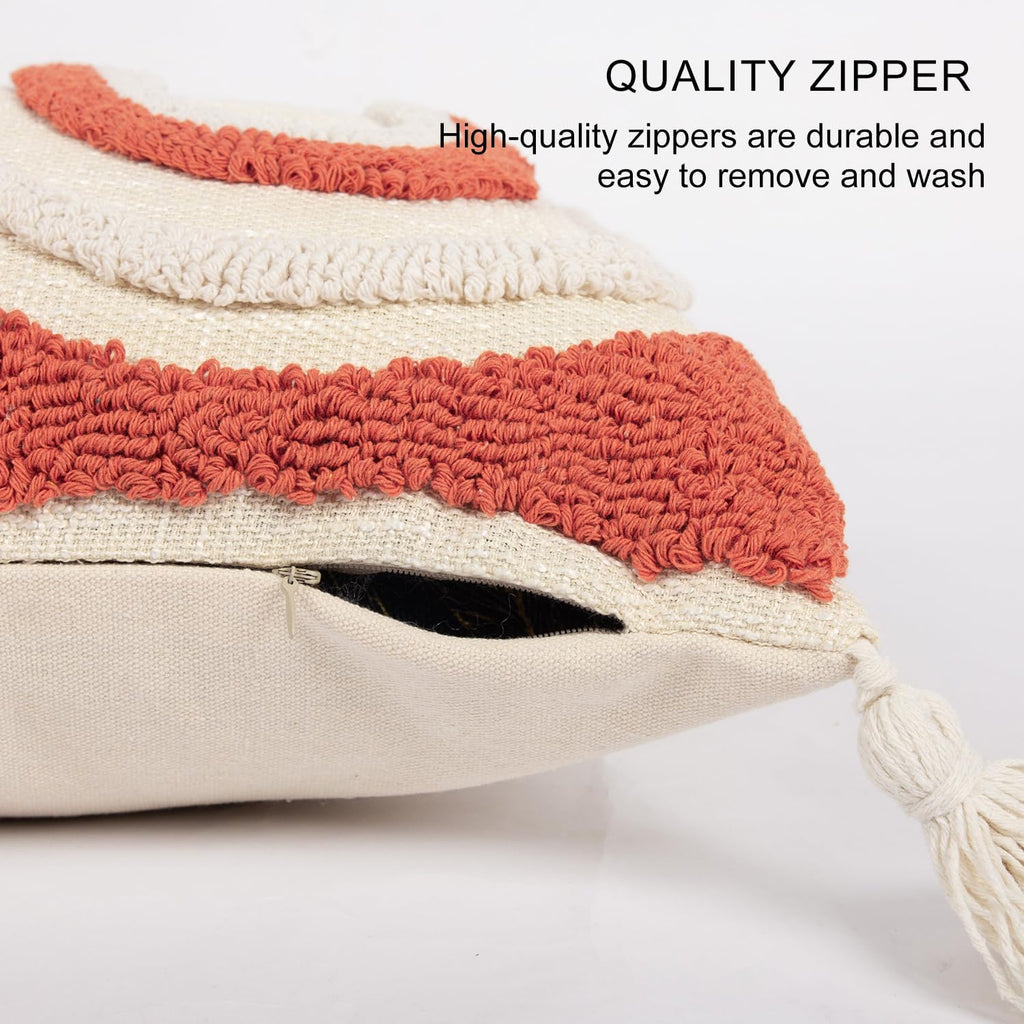 Bohemian Rainbow Lumbar Throw Pillow Covers with Tassels, Accent Boho Tufted Decorative Pillowcase, Soft Farmhouse Neutral Home Decor for Couch Bedroom Car 12 x 20 Inch Orange