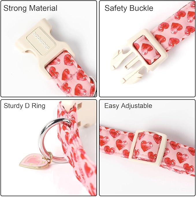 DOGWONG Valentine Dog Collar- Cute Pink Heart Dog Collars Adjustable Durable Designer Valentine’s Day Dog Collar for Small Medium Large Dogs S