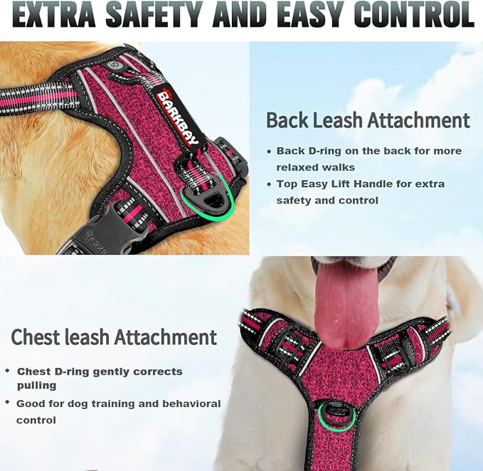 BARKBAY No Pull Dog Harness Large Reflective Dog Harness with Front Clip and Easy Control Handle for Walking Training Running with ID tag Pocket(Pink/Black,XS)