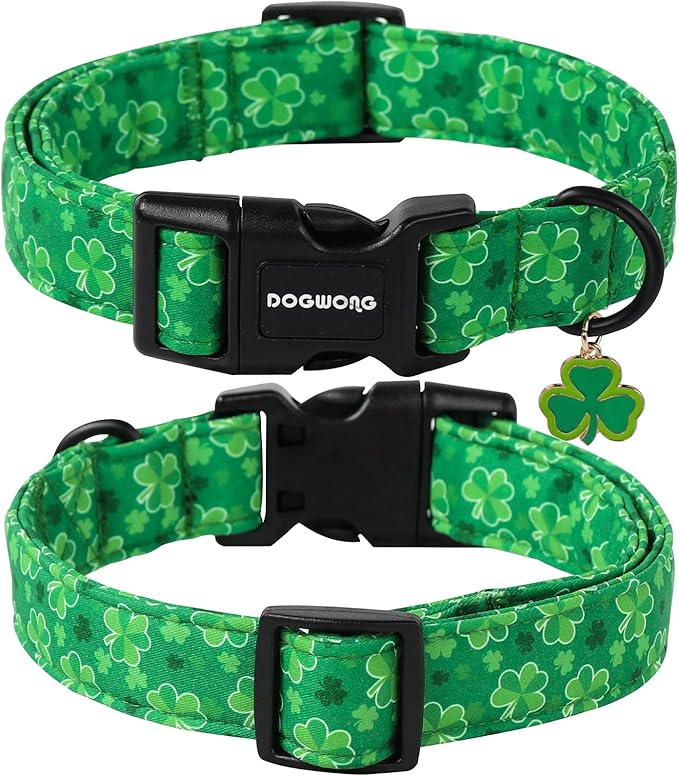 DOGWONG St. Patrick's Day Dog Collar, Cute Green Clover Dog Collars, Adjustable St. Patrick's Day Pet Collars Design Dog Collar with Quick Release Buckle for Boy Female Dogs