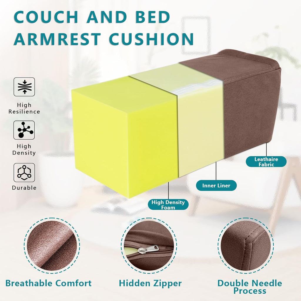 2 Pack Couch Arm Rest Pillow, 8''x8''x20'' Faux Leather Waterproof Cover, High Density Foam Armrest Cushion, Removable & Washable Elbow Support for Sofa, Bed, and Armchair (Dark Brown)