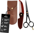 5'' German Beard Mustache Scissor- 2 Mustache Combs for Facial Hair with Beautiful Pouch -Beard Trimming Scissors for Grooming, Cutting, and Styling of Mustache (Black with Folding Comb)