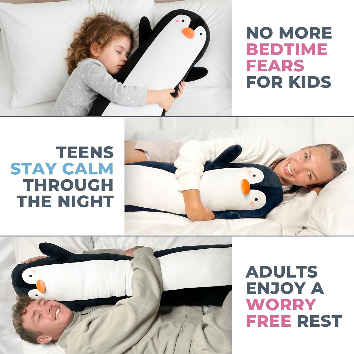 Penguin Plush Body Pillow for Kids | Long Stuffed Animal Cuddle Pillow | Soft Hugging Toy | Plushie Gift for Girls & Boys | Long Plush Body Pillow for Sleep & Comfort | Large, 47 Inches