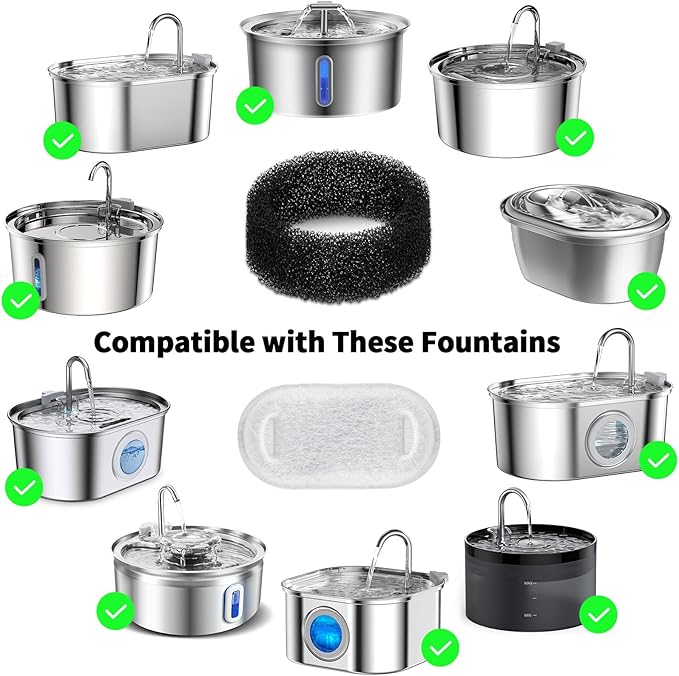 32 Pack Cat Water Fountain Filter Replacement, 4+4/8+8/12+12/16+16 Pack for Stainless Steel Cat Water Fountain 2L/67oz and 3.2L/108oz, 16 Carbon Filters & 16 Pre-Filter Sponges