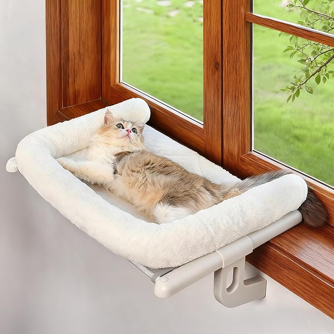 Cat Window Sill Perch with Large Bolster, Easy to Adjust & Assemble Cat Window Seat for Windowsill & Bedside, Pet Hammock Bed for Large Cats and Kittens (White, L)