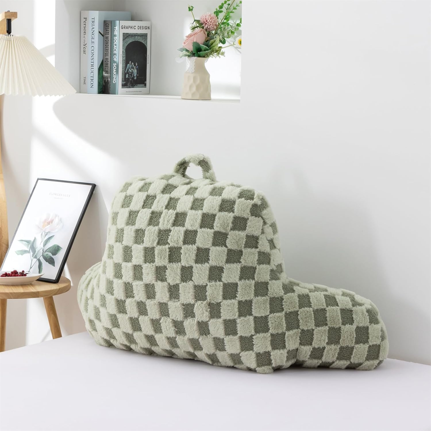 Aimuan Reading Pillow Checkered Bed Rest Wedge Backrest Checkerboard Pillow with Arms Back Support for Sitting Up in Bed Cushion Incline Rest Sleeping Snoring Pillow, Light Green Large