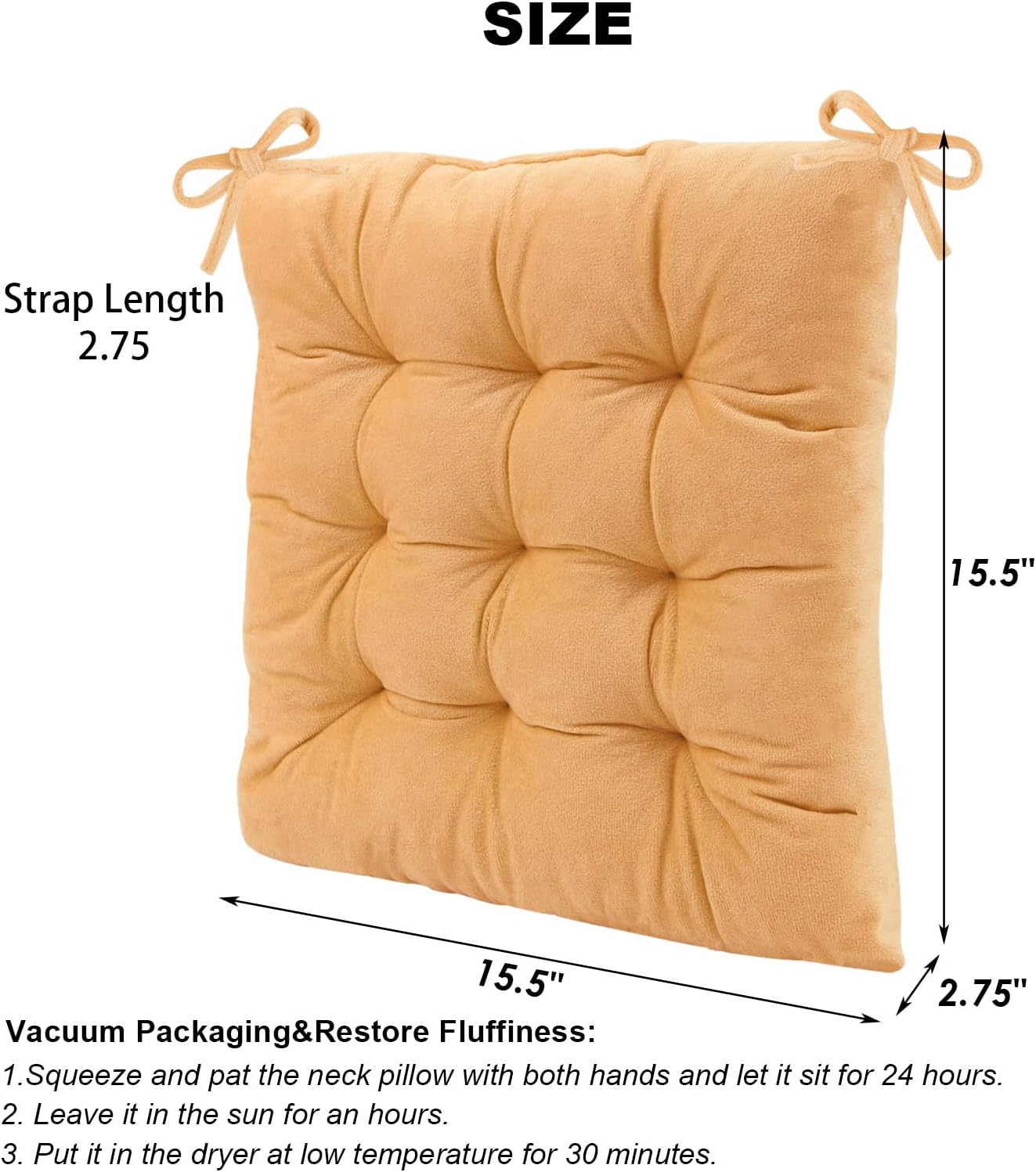 6 Pack Square Seat Cushion Chair Pads for Kitchen Dining Chairs, Soft Comfort Velvet Chair Mat Pillow Cushions with Ties for Office Desk Living Room Tatami 15.5", Turmeric Yellow