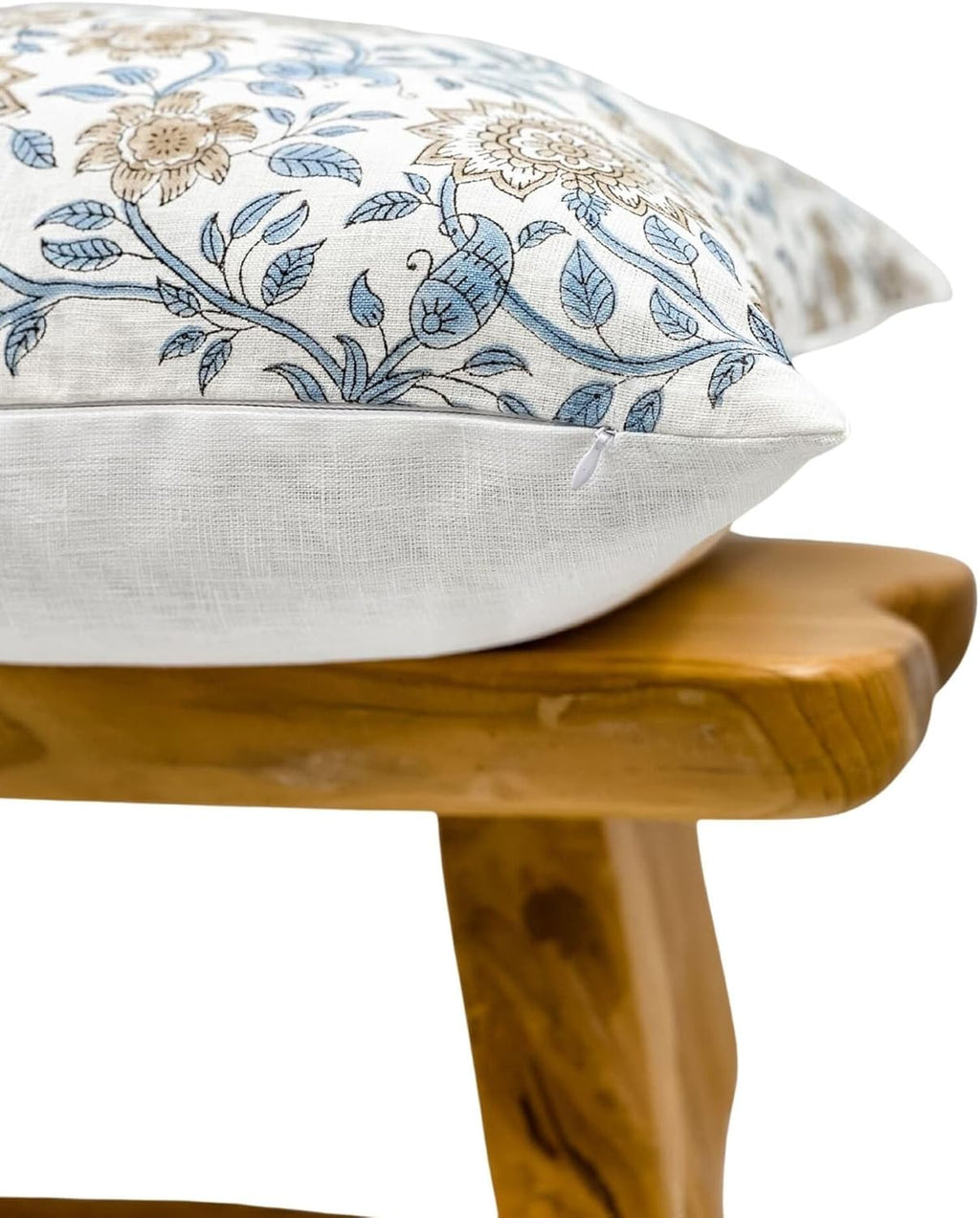 Designer Floral Print on Off White Linen Pillow Cover, Blue and Beige Pillow, Boho Décor Pillow, Decorative Throw Pillow Covers, Neutral Decor (Light Blue, 14x42)