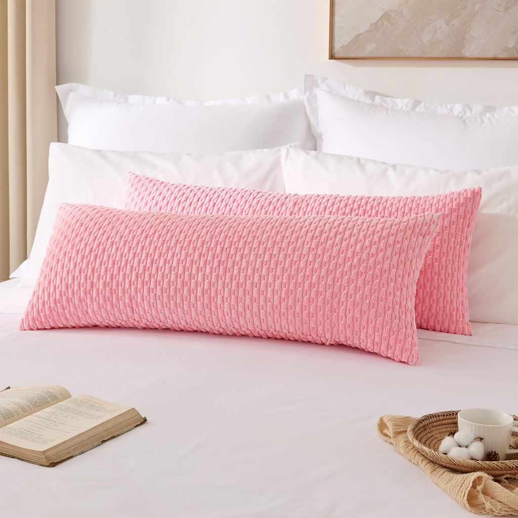 Kevin Textile 14x36 Inch Long Lumbar 1 Pack Boho Decorative Throw Pillow Cover Soft Striped Corduroy Rectangle Cushion Case Farmhouse Accent for Living Room Couch Sofa Bed, Pink