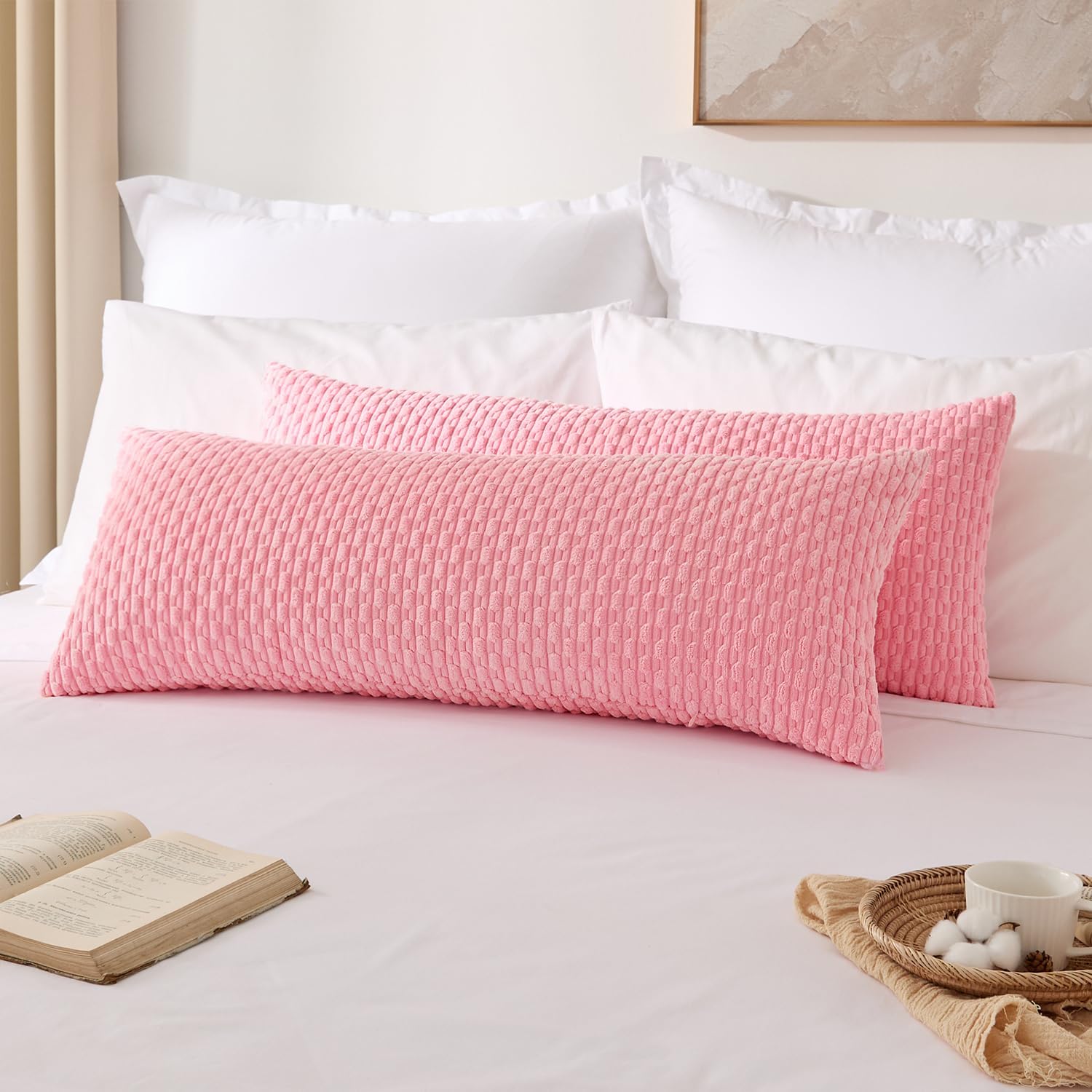 Kevin Textile 14x36 Inch Long Lumbar 1 Pack Boho Decorative Throw Pillow Cover Soft Striped Corduroy Rectangle Cushion Case Farmhouse Accent for Living Room Couch Sofa Bed, Pink