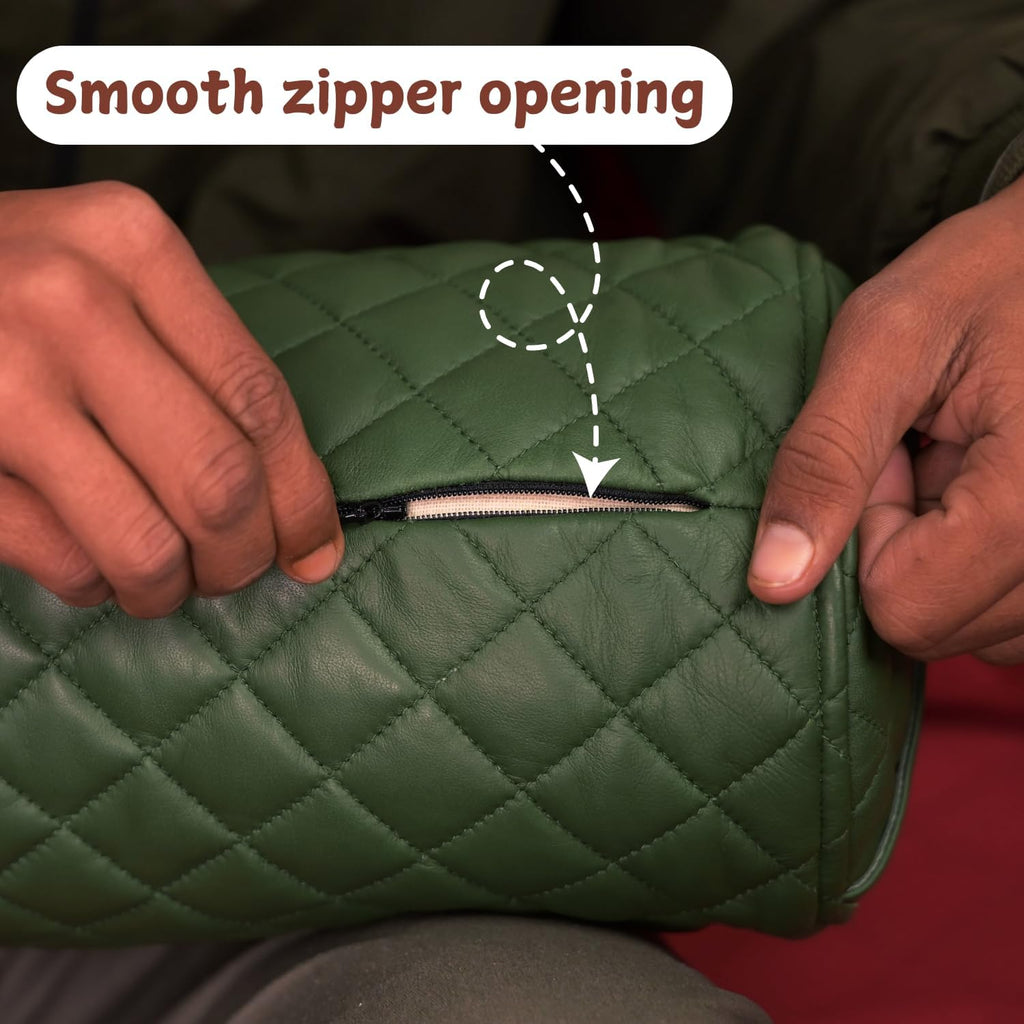 Neck Roll Pillow Cushion Cover, 18x5 Inch Full Moon Round Bolster Pillow Case, Cylinder Soft Lambskin Leather Pillowcase for Head, Spine & Neck Support During Sleep - Quilted Dark Green Pack of 2