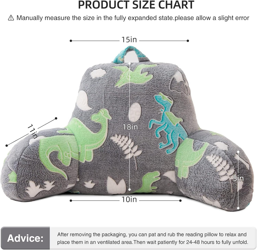 Meeting Story Glow in The Dark Green Dinosaur Luminous Reading Pillows Sparkling with Arms Back Pillow for Bed, Bed Rest Pillow for Adults Teens, Kids, (Blue-Green)