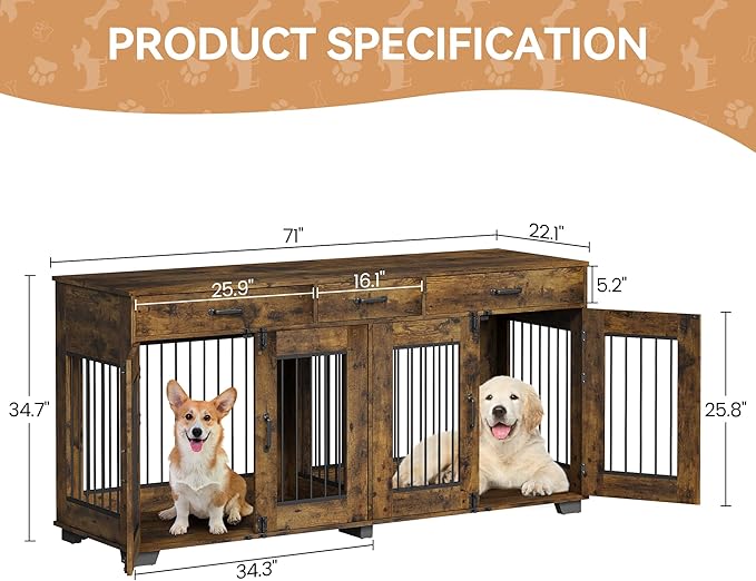 71'' Dog Crate Furniture, Wooden Indoor Dog Kennel for 2 Dogs with 3 Drawers and Removable Room Divider, XXL Double Dog Crate TV Stand End Table with Double Doors for Large Medium Dogs, Rustic Brown