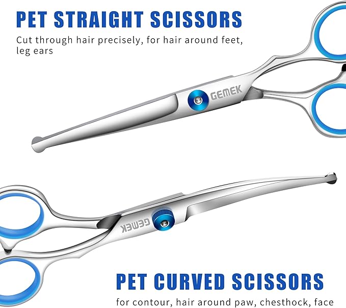 GEMEK Professional Grooming Scissors for Dogs with Safety Round Tips, Dog Grooming Scissors Set - Thinning, Straight, Curved Shears and Comb for Long Short Hair for Dog Cat Pet (Blue-5 in 1)