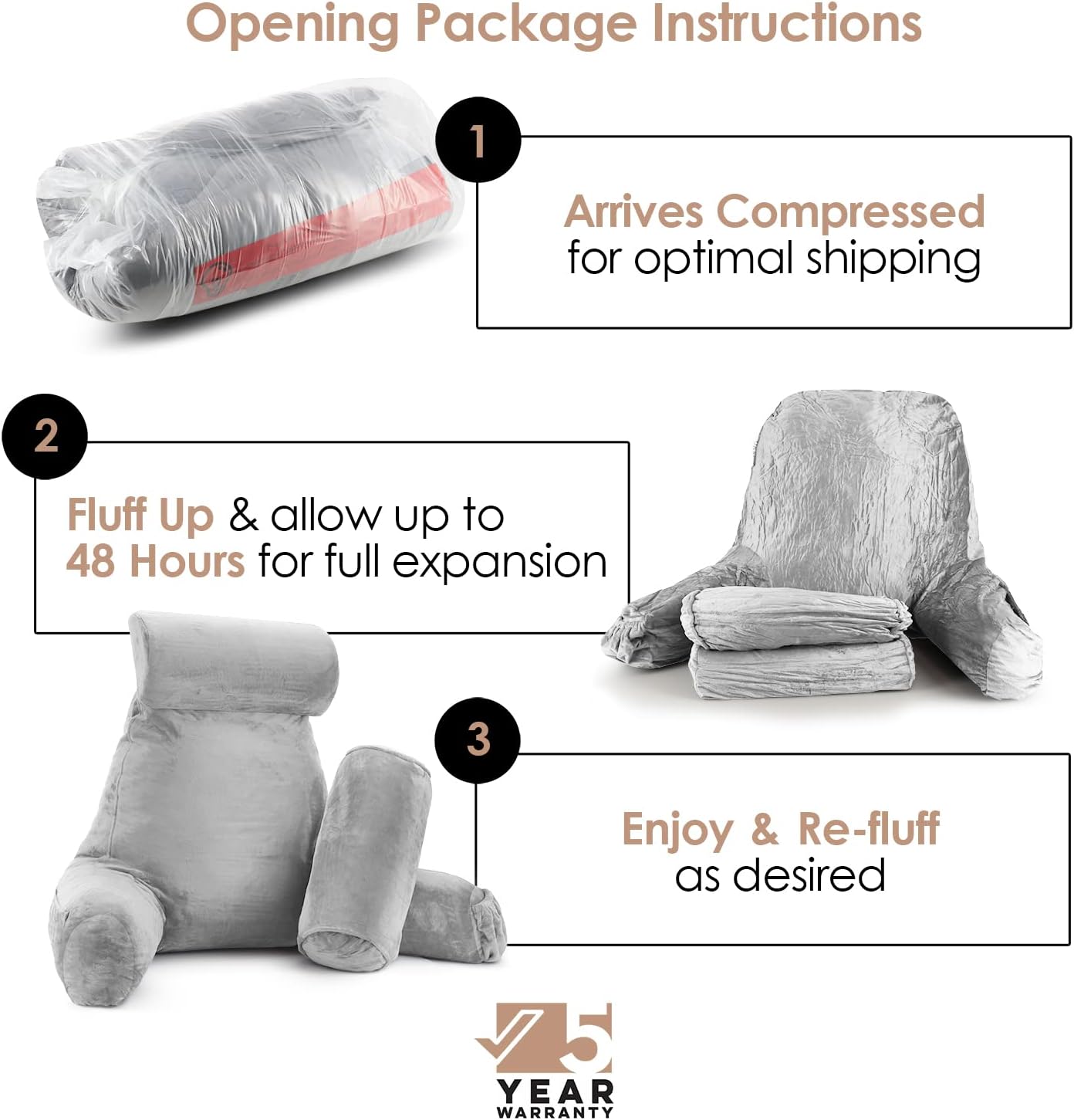 Nestl Reading Pillow with Shredded Memory Foam Includes 2 Neck and Lumber Support Pillows, Designed for Sitting Up in Bed and Couch, Back and Arms Adjustable Support for Adult & Teens, Light Grey