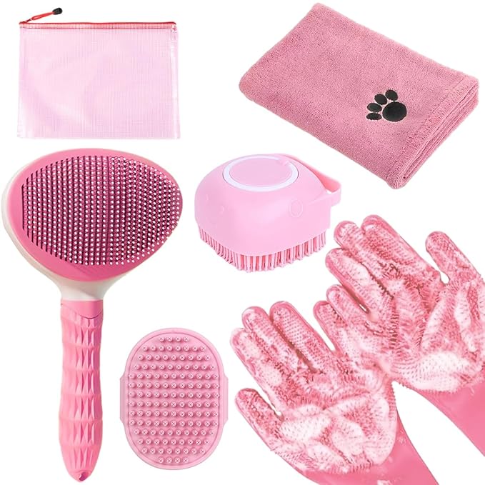 Bath Grooming Kit for Pets - Hair Brush Set with Towel, Washing Gloves, and Shampoo Scrubber Brush for Dogs and Cats (Pink)