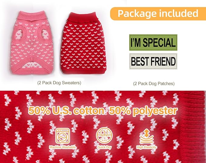 2 Pack Dog Sweater Winter Warm Clothes - Heart Soft Puppy Small Thickening Turtleneck Sweatshirt for Chihuahua, Bulldog, Dachshund, Pug, Yorkie (XS, Pink, Red)