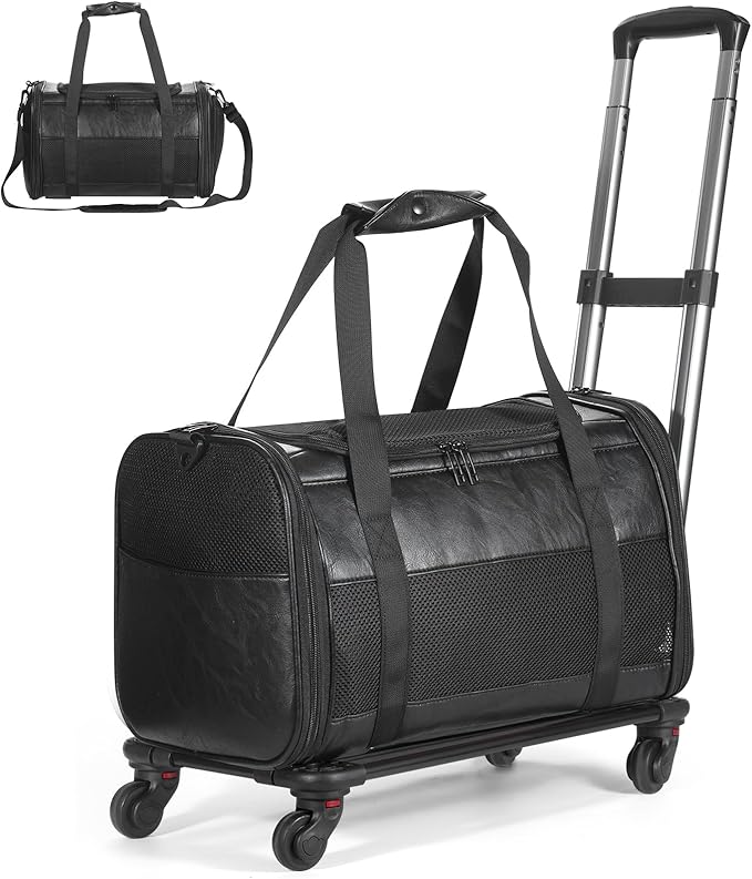 Airline Approved Pet Carrier with Wheels, Rolling Soft Sided Dog Cat Travel Bag, Premium Fashion Leather Small Pet Carrier Purse for Puppies and Cats Black