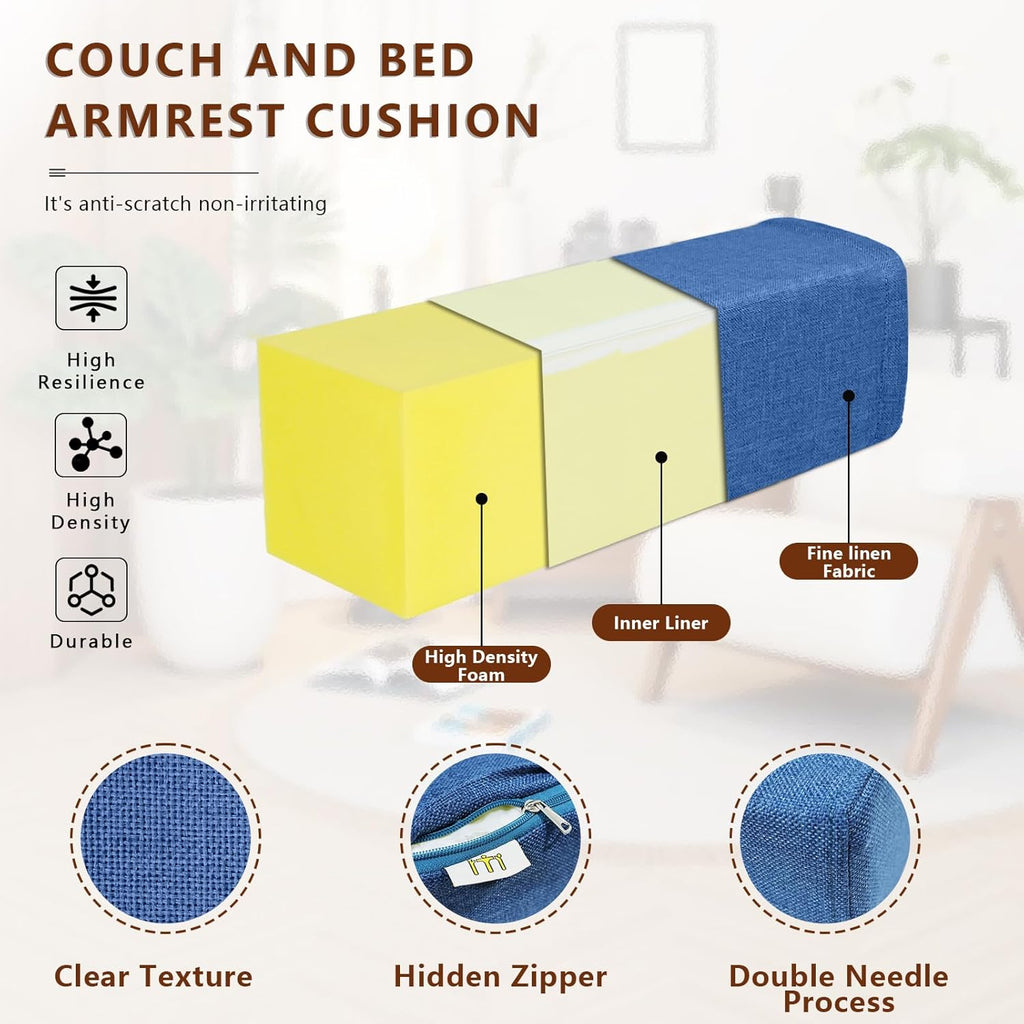 2 Pack Couch Arm Rest Pillow, 6''x6''x20'' Linen Cover, High Density Foam Armrest Cushion, Removable & Washable Elbow Support for Sofa, Bed, and Armchair (Indigo Blue)
