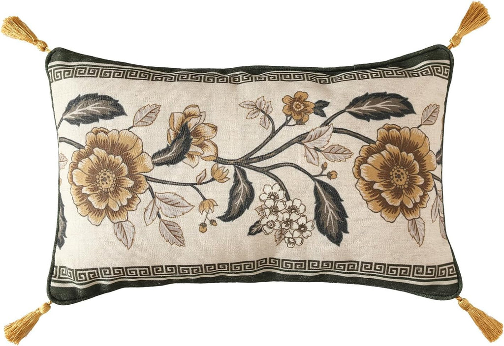 ISAENNE Design Linen Chinoiserie Rectangle Throw Pillow Covers 12"x20", Farmhouse Cushion Covers with Yellow Floral Birds Pattern Decoration Pillowcases for Bed,Living Room,Outdoor,Car