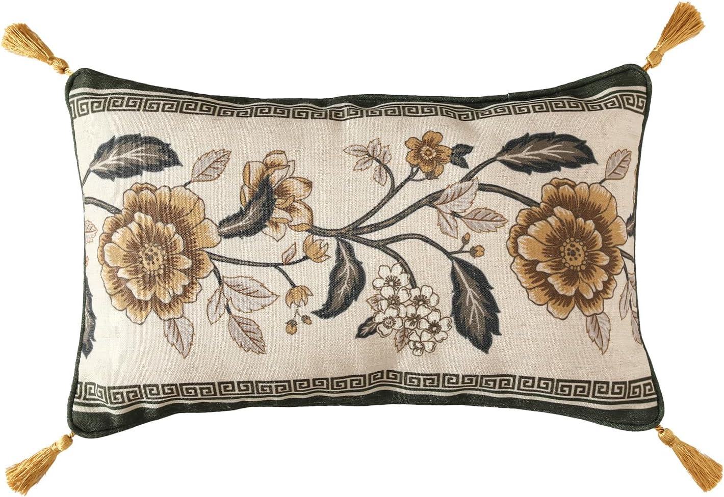 ISAENNE Design Linen Chinoiserie Rectangle Throw Pillow Covers 12"x20", Farmhouse Cushion Covers with Yellow Floral Birds Pattern Decoration Pillowcases for Bed,Living Room,Outdoor,Car