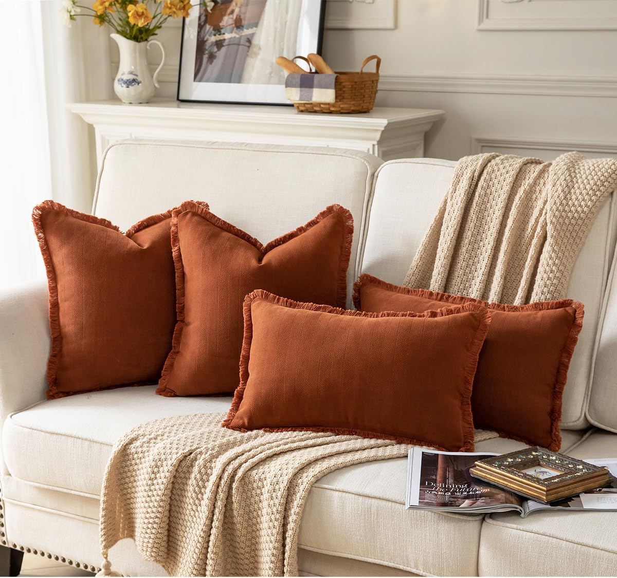 Set of 2 Decorative Fringe Throw Pillow Covers Chenille Pillow Covers Elegant Design Pillowcase Soft Tassels Cushion Cover for Couch Bed Home Decor,12×20 Inch,Rust