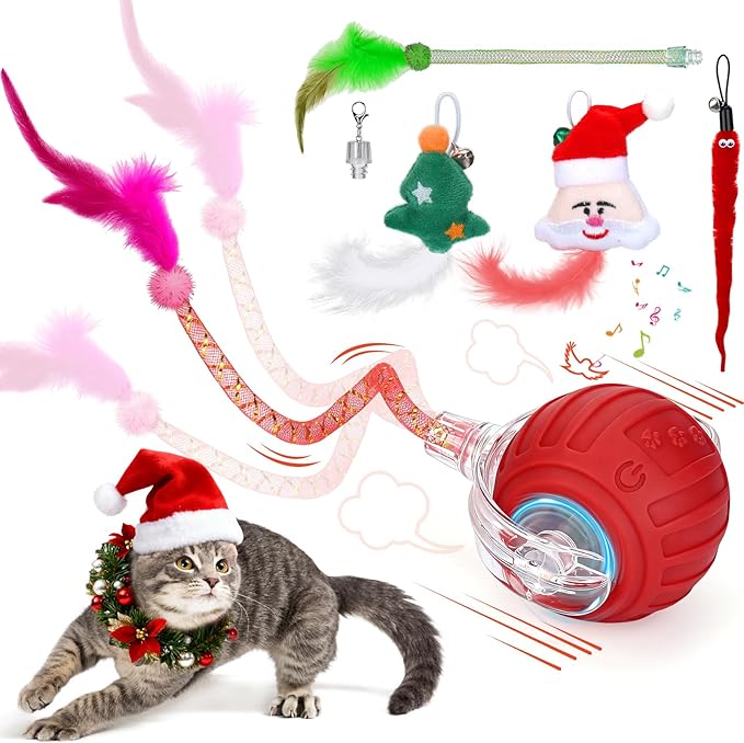 BABORUI Interactive Cat Toy Ball - Automatic Christmas Cat Toys for Indoor Cats with 5 Tails, 2 Speeds Rechargeable Cat Enrichment Toys for Small/Medium/Large Cats to Keep Them Busy