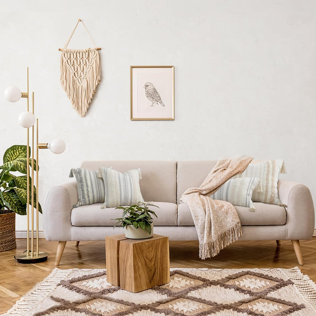 decorUhome Decorative Boho Throw Pillow Covers 18x18 Set of 2, Accent Neutral Textured Tufted Pillow Covers Striped for Couch Bed Sofa Living Room, Grey and Cream White