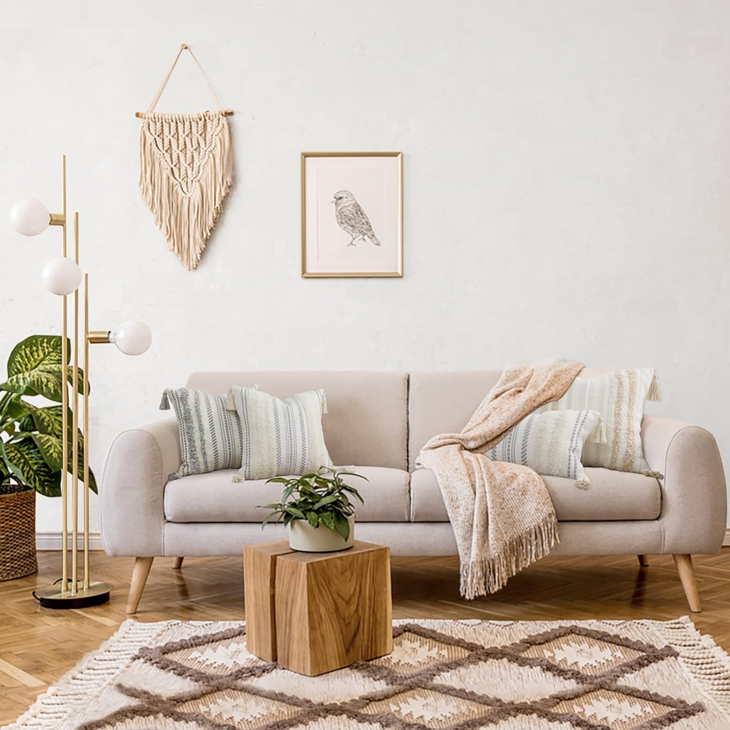 decorUhome Decorative Boho Throw Pillow Covers 18x18 Set of 2, Accent Neutral Textured Tufted Pillow Covers Striped for Couch Bed Sofa Living Room, Grey and Cream White