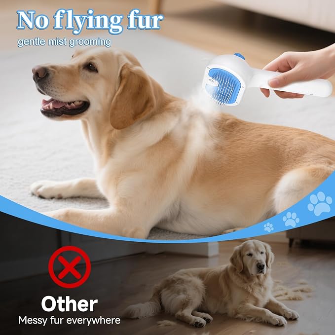 Pet Steam Brush for Dog & Cat - 3-in-1 Steam Grooming Brush for Shedding & Hair Removal - Self Cleaning Spray Comb with Mist for Long Haired Pets, Blue