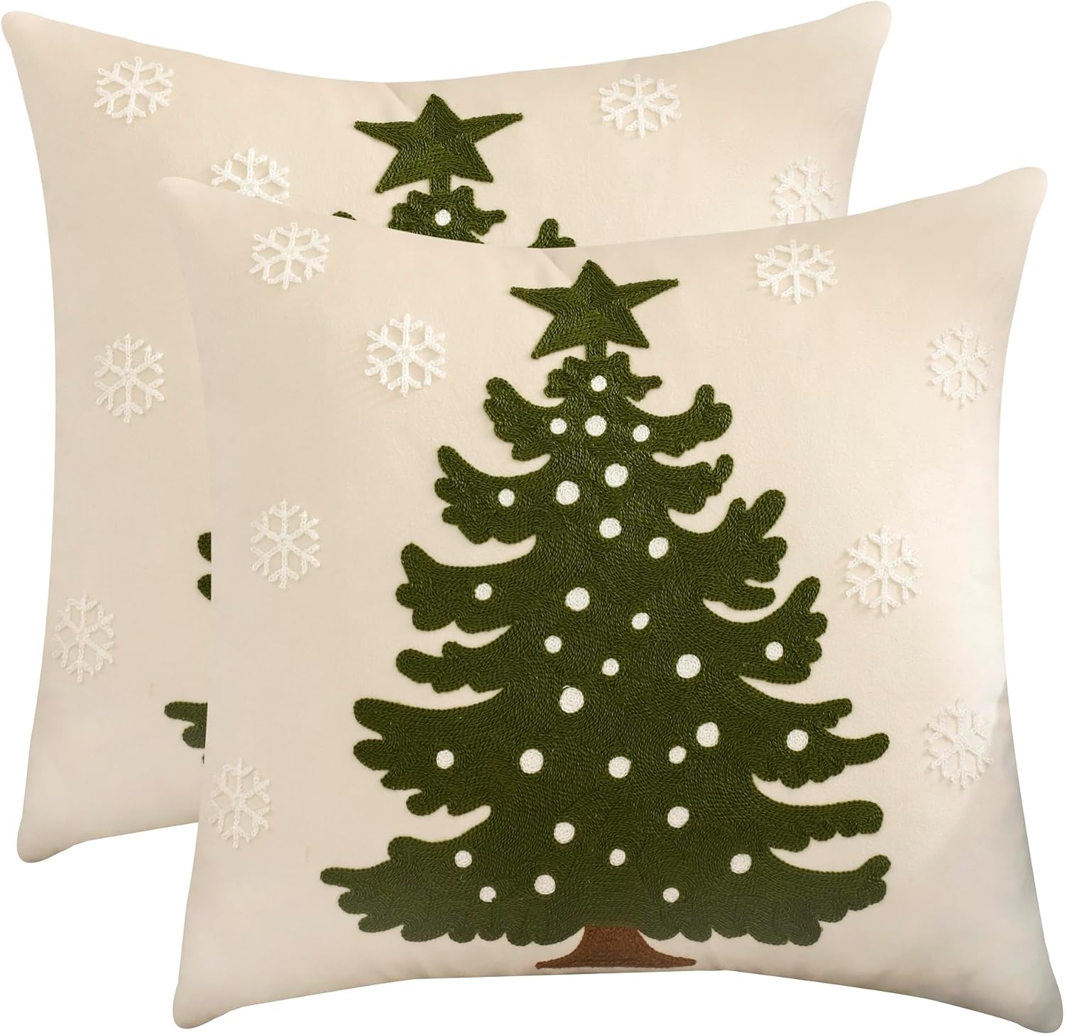LUOYEHK Christmas Pillow Covers 18x18 Set of 2 Christmas Tree with Snowflakes Decorative Beige Pillow Cases Winter Holiday Velvet Embroidered Cushion Covers for Couch Sofa Bed